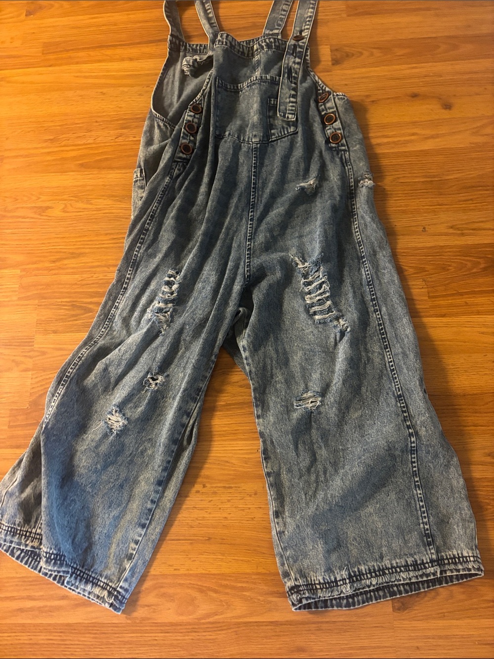 Easel Los Angeles Distressed Blue Denim Wide-Leg Overalls Jumpsuit - Picture 2 of 5